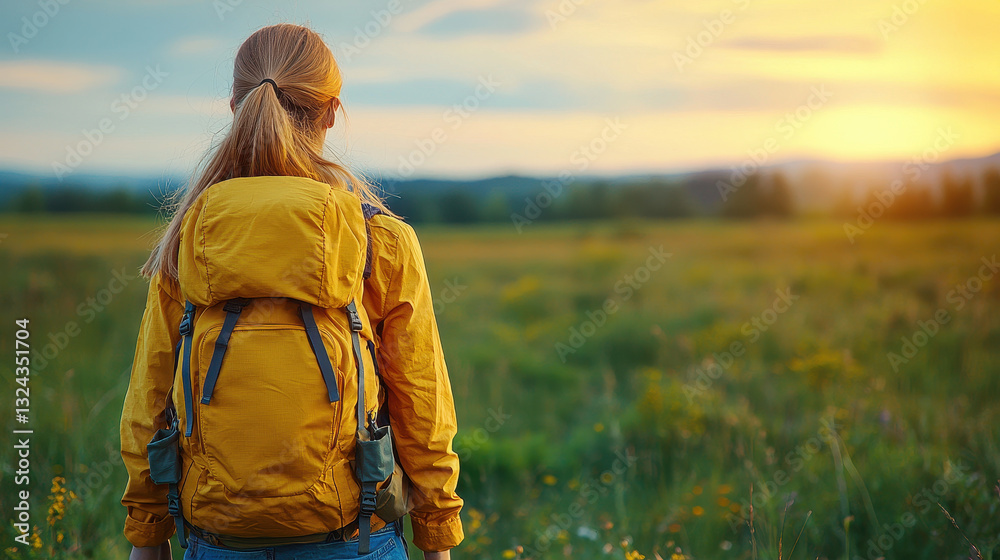 woman with yellow backpack stands in field during sunset, enjoying nature beauty. warm colors of sky create serene atmosphere woman with yellow backpack stands in field during sunset, enjoying nature beauty. warm colors of sky create serene atmosphere