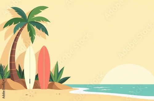 Surfboards on beach with palm tree and ocean. Copy space.