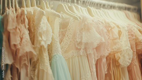 A beautiful collection of vintage dresses in pastel shades, featuring delicate lace and floral embroidery. The soft fabrics and elegant details create a romantic and timeless aesthetic. 