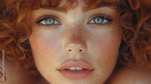Young woman close-up portrait, freckles, curly hair, touching face, perfect skin, full lips, beauty and cosmetology.