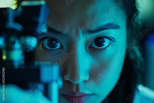 A close-up of a scientist intensely observing through a microscope, illuminated by a cool blue light. Her focused eyes reflect deep concentration, symbolizing precision and scientific discovery