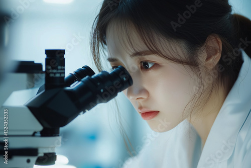 A scientist wearing a white lab coat, safety glasses, and gloves is examining a sample through a microscope in a high-tech laboratory. the atmosphere of precision, research, and discovery.