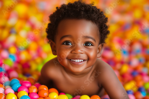 A beautiful child with curly dark hair and large, expressive eyes sits on a bed of colorful, candy-like decorations.  The mood of a happy childhood, full of sweets and fun