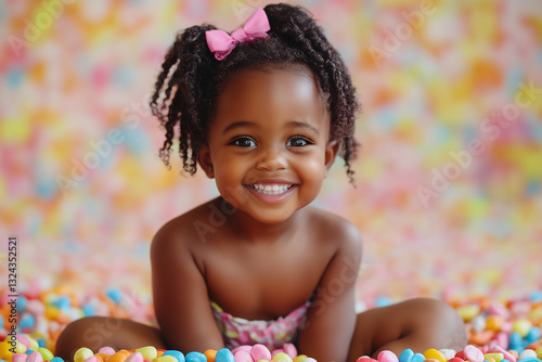 A beautiful child with curly dark hair and large, expressive eyes sits on a bed of colorful, candy-like decorations.  The mood of a happy childhood, full of sweets and fun