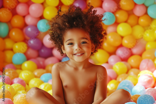 A beautiful child with curly dark hair and large, expressive eyes sits on a bed of colorful, candy-like and an inflatable balloon decorations.  The mood of a happy childhood, full of sweets and fun