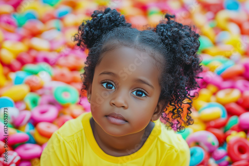 A beautiful child with curly dark hair and large, expressive eyes sits on a bed of colorful, candy-like decorations.  The mood of a happy childhood, full of sweets and fun