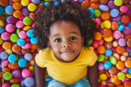A beautiful child with curly dark hair and large, expressive eyes sits on a bed of colorful, candy-like decorations.  The mood of a happy childhood, full of sweets and fun