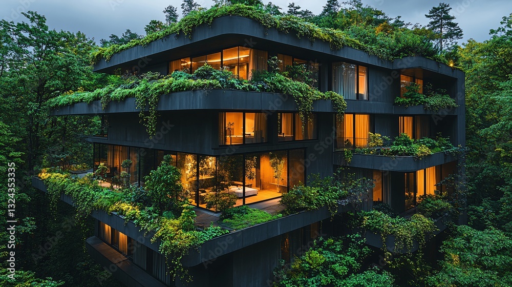 Modern Green Building at Night, Lush Vegetation on Dark Facade, Illuminated Windows Modern Green Building at Night, Lush Vegetation on Dark Facade, Illuminated Windows