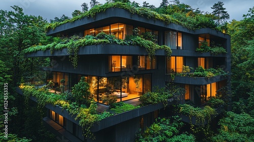Modern Green Building at Night, Lush Vegetation on Dark Facade, Illuminated Windows