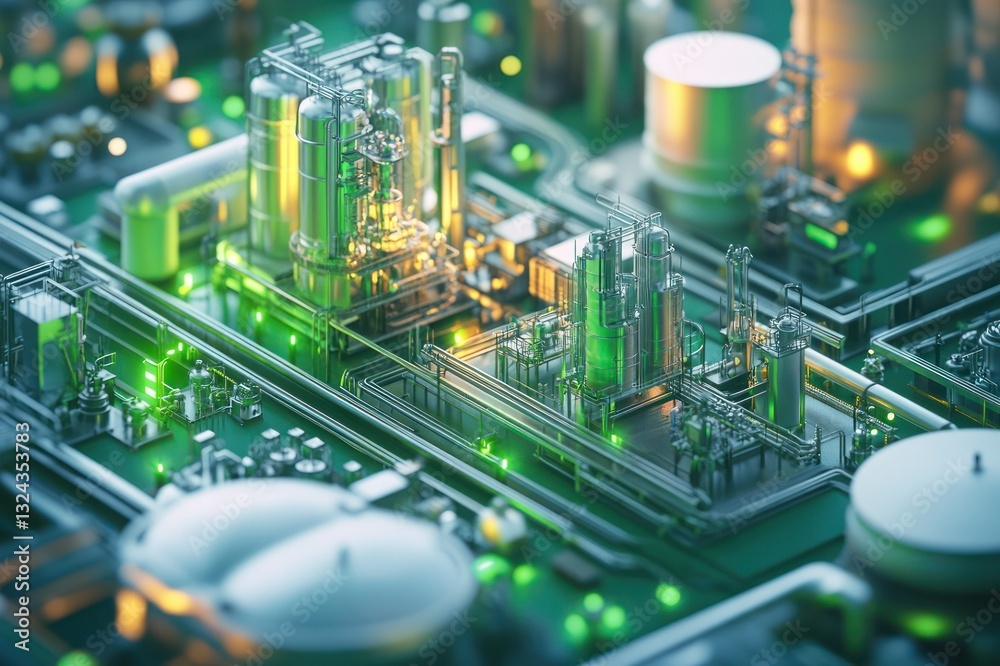 Obraz premium Futuristic Industrial Plant with Neon Lights and Circuit Board Elements in a Digital Environment