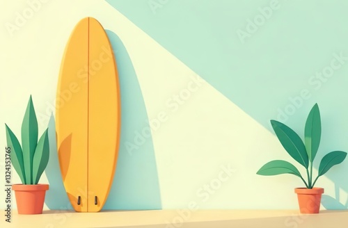 Surfboard on wall with green plants in pots. Copy space.