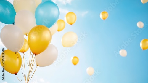 Golden And White Balloons Soaring In Blue Sky Scene.