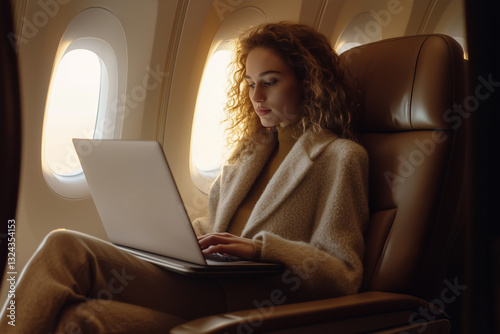 A stylish young woman works on her laptop while traveling in a luxurious airplane cabin.  Suitable for topics about freelancing, online work, rich life, travel.