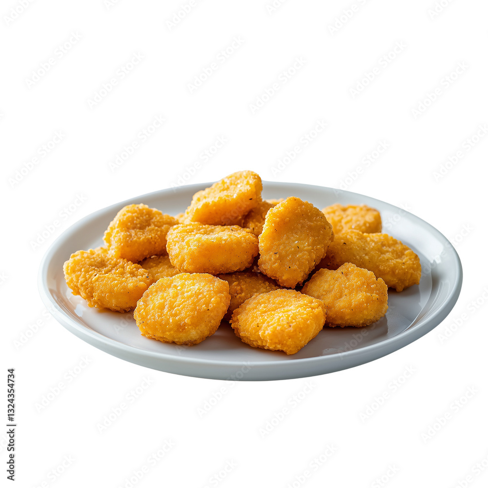 Golden, crispy chicken nuggets arranged on a white plate perfect for food-related content. isolated on white background and transparent background Golden, crispy chicken nuggets arranged on a white plate perfect for food-related content. isolated on white background and transparent background