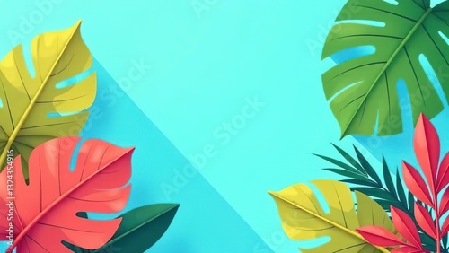 Abstract tropical leaves template with azure background and free place for text. Copy space.