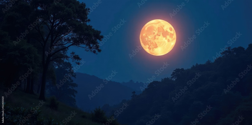 Full moon shining brightly above a tranquil forest, glow, night, full moon Full moon shining brightly above a tranquil forest, glow, night, full moon