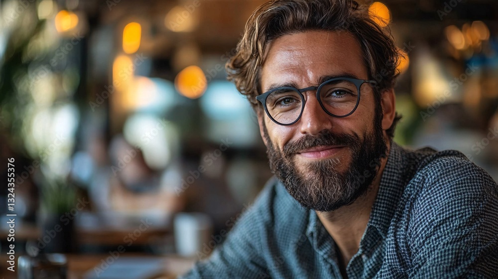 Portrait of a Smiling Man with Beard and Glasses in a Cafe Portrait of a Smiling Man with Beard and Glasses in a Cafe