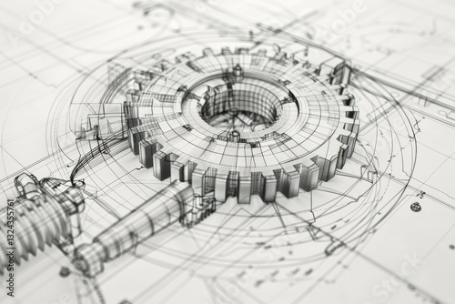 Wireframe Illustration of a Gear, Symbolizing Mechanical Technology and Engineering