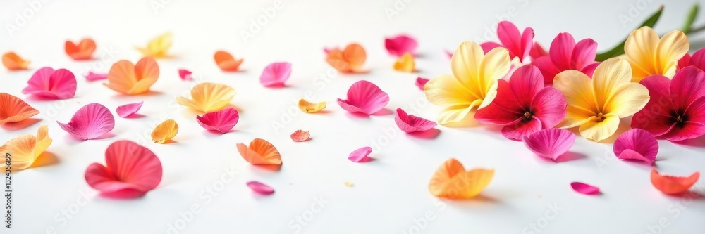 Naklejka premium Colorful flower petals scattered on white background, scattering flowers, colors, colorful flowers