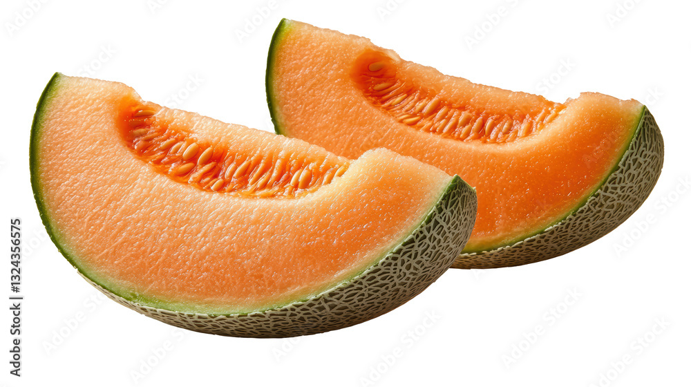 A visually appealing cantaloupe wedge, showing off its rich orange color and juicy texture, beautifully arranged PNG cut out. A visually appealing cantaloupe wedge, showing off its rich orange color and juicy texture, beautifully arranged PNG cut out.