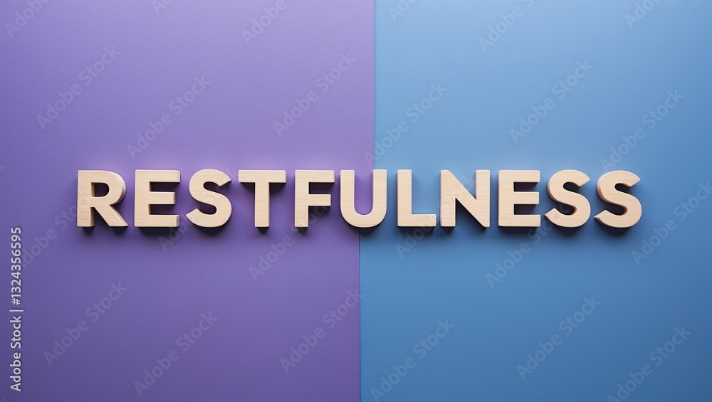The word 'Restfulness' in wooden letters placed against a split background of violet and blue, creating a calming visual atmosphere The word 'Restfulness' in wooden letters placed against a split background of violet and blue, creating a calming visual atmosphere