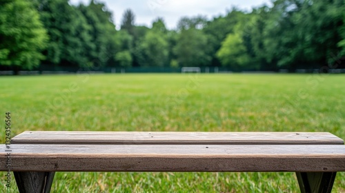 Empty school sports ground Concept, Neatly Kept Bleachers Overlooking a Quiet Empty Field Surrounded by Lush Green Trees in Soft Natural Light