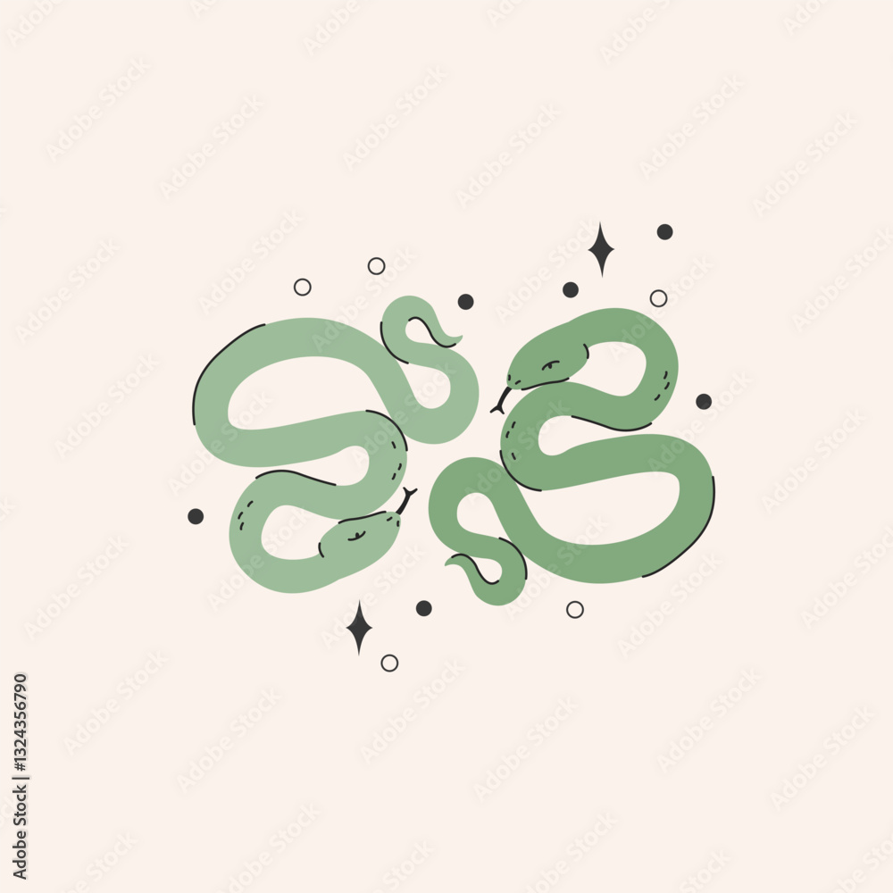 Two abstract rattle snakes illustration in minimal style. Mystical concept with serpents and stars for sticker print design, logo, icon, T-shirt, hoodie fashion design. Vector art Two abstract rattle snakes illustration in minimal style. Mystical concept with serpents and stars for sticker print design, logo, icon, T-shirt, hoodie fashion design. Vector art