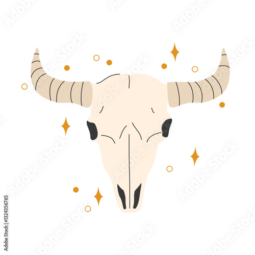 Abstract cow skull boho illustration. Bull character in cartoon style. Mystical concept with Bull skull and stars for sticker print design, logo, icon, T-shirt, hoodie fashion design. Vector art