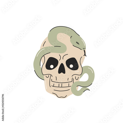 Cartoon funny human skull with snake isolated on white background. Skull bones snake vector illustration. Spooky creepy Halloween concept for textile fabric design in modern fashion style