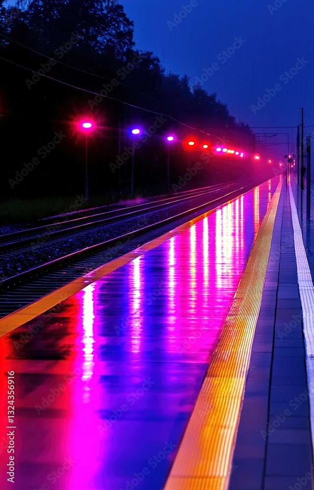 Obraz premium Vibrant neon-lit railroad tracks shine under rain at night revealing a futuristic urban landscape 