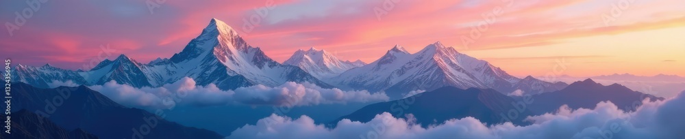 Majestic Himalayan peaks Annapurna IV and II shrouded in misty clouds at sunset, mountains, mountain range, snow capped Majestic Himalayan peaks Annapurna IV and II shrouded in misty clouds at sunset, mountains, mountain range, snow capped