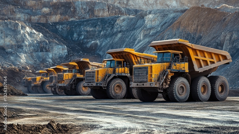 Parade of colossal mining trucks, symbolizing industrial power at mine site Parade of colossal mining trucks, symbolizing industrial power at mine site