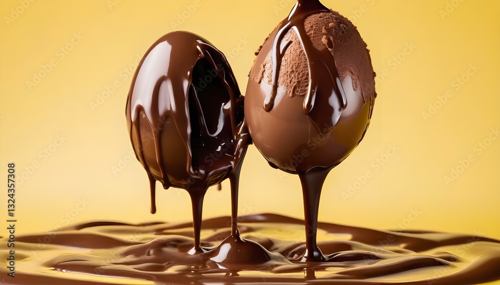 Obraz premium Close-up studio shot of a chocolate egg being covered in chocolate sauce, set against a vibrant yellow background. The chocolate egg is suspended in mid-air, with a stream of chocolate sauce pouring