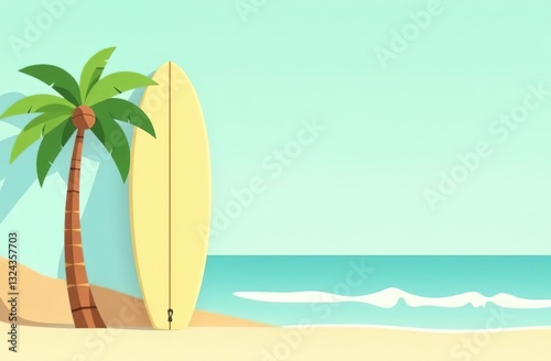 Surfboard with palm tree and ocean. Copy space