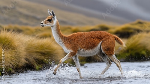 Andean camelid crossing a stream in a mountain meadow