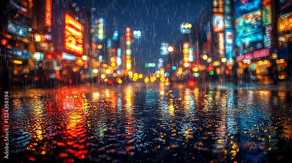 Obraz premium Vibrant cityscape at night with reflections in rain-soaked streets and neon lights