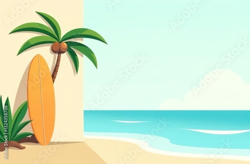 Surfboard with palm tree and ocean. Copy space.
