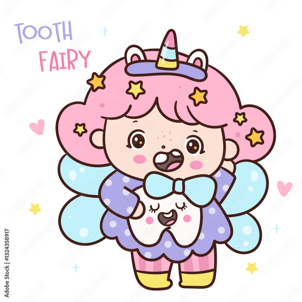 cute unicorn girl tooth fairy hold tooth milk kawaii character cute unicorn girl tooth fairy hold tooth milk kawaii character