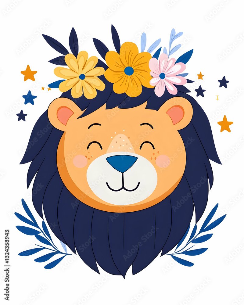 Obraz premium Cute lion head with flower crown
