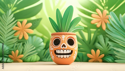 Cute, orange skull planter with tropical leaves