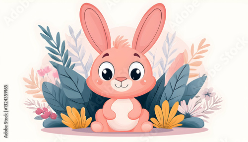 Cute pink bunny surrounded by flowers and leaves
