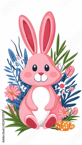 Cute pink Easter bunny surrounded by flowers and leaves
