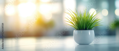 minimalist office setting featuring small potted plant with vibrant green grass, creating refreshing atmosphere. soft sunlight enhances serene environment