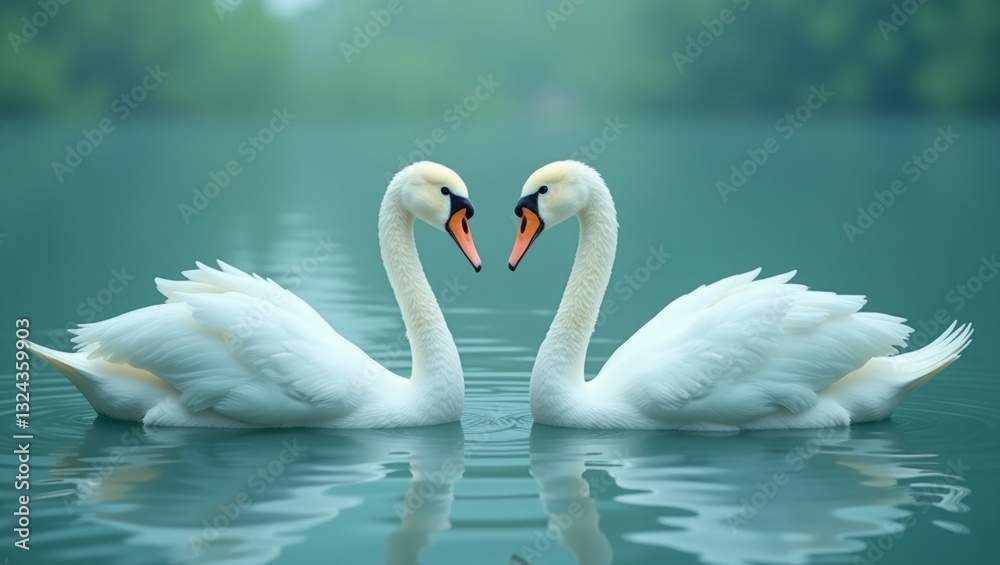 Fototapeta premium Swans in love, romantic mood, swimming in calm lake background, copy space