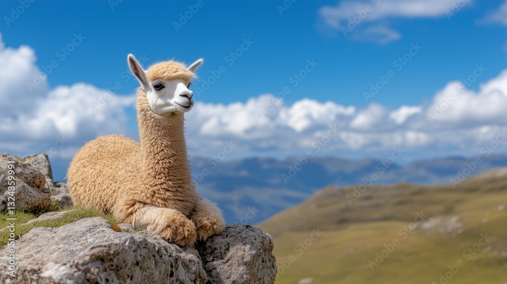 Fototapeta premium Alpaca relaxing under blue sky nature