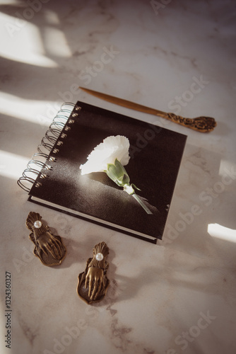 Closed painting sketchbook with flower on it, paper clips, letter knife in a ray of light