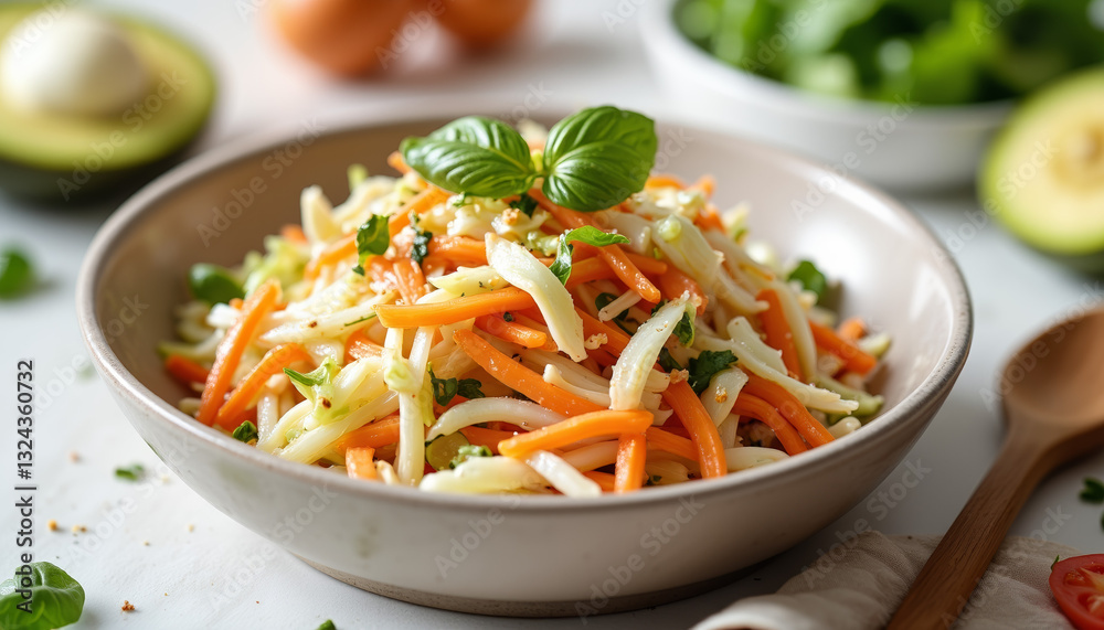 Refreshing cabbage and carrot slaw in ceramic bowl, healthy eating Refreshing cabbage and carrot slaw in ceramic bowl, healthy eating