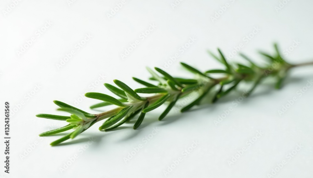 Naklejka premium Long and thin sprig of rosemary on a plain white surface, simple, herb