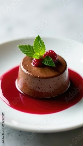 Rich chocolate mousse atop a bed of raspberry coulis, luxury, rich