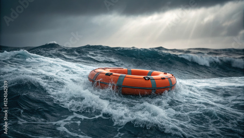 life raft floating in middle of rough sea, surrounded by turbulent waves and dark clouds, evokes sense of urgency and survival